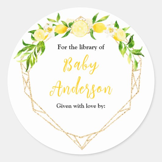 Sticker Rond Lemons and Foliage Baby Shower Bookplate (Devant)