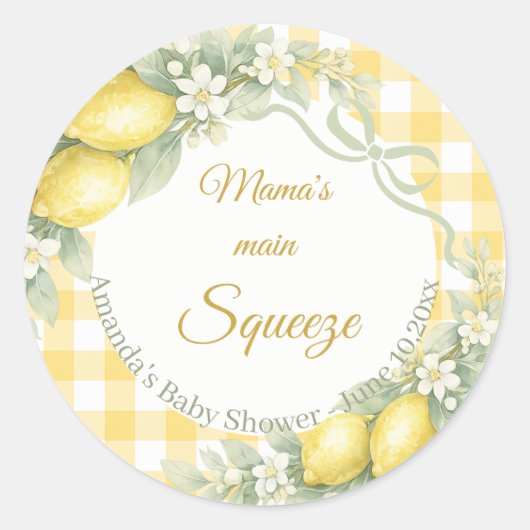 Sticker Rond Lemons gingham mama's main squeeze Baby Shower (Devant)