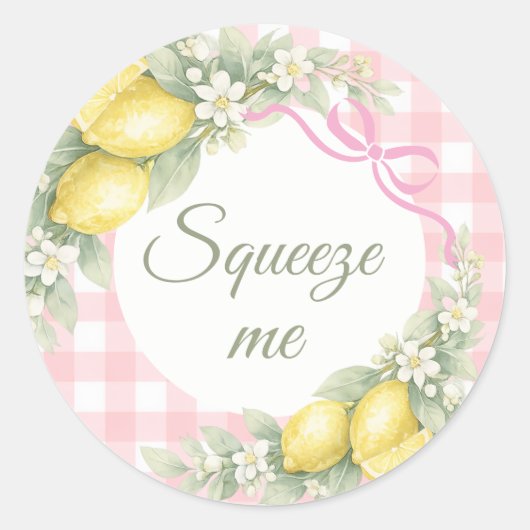 Sticker Rond Lemons pink gingham squeeze me party favor (Devant)