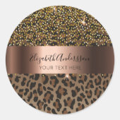 Sticker Rond Leopard brun confetti noir nom du glam texte (Devant)