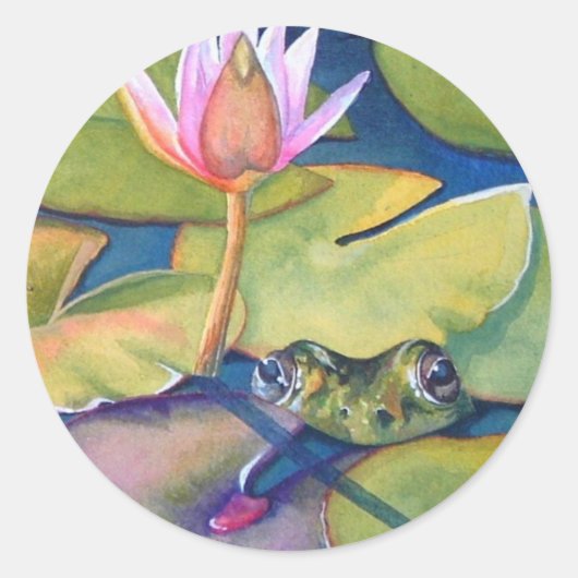 Sticker Rond Léopard Grenouille Lily Pads Lotus Fleur Aquarelle (Devant)