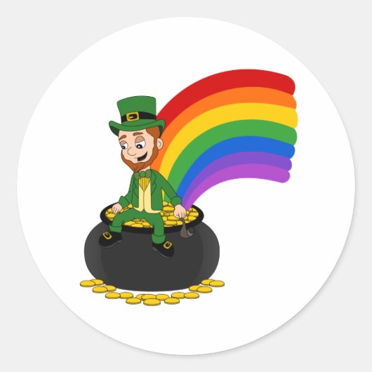 Sticker Rond Leprechaun de dessin animé assis sur une casserole (Devant)