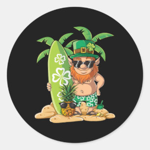 Sticker Rond Leprechaun Hawaiian Surfing Jour de la Saint Patri