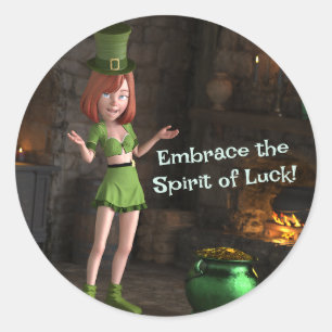 Sticker Rond Leprechaun Toon Girl à côté du pot d'or