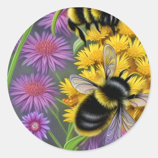 Sticker Rond Les abeilles dans une prairie à fleurs (Devant)