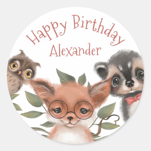 Sticker Rond Les animaux boisés mignons Joyeux anniversaire pou (Devant)