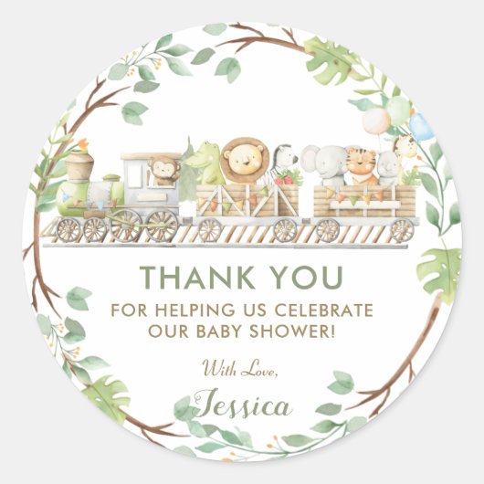 Sticker Rond Les animaux de la jungle Train verdure Merci Favor (Devant)