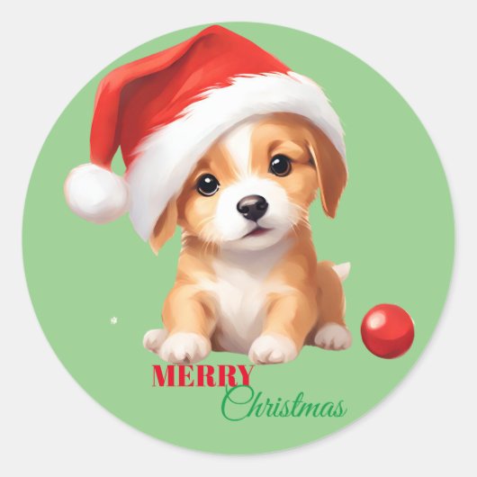Sticker Rond Les animaux mignons chiot d'hiver Chien Père Noël (Devant)