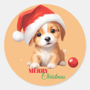 Sticker Rond Les animaux mignons chiot d'hiver Chien Père Noël