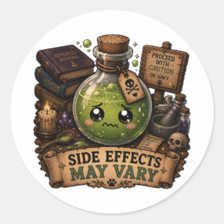 Sticker Rond Les Effets Secondaires Peuvent Varier Flacon de Po