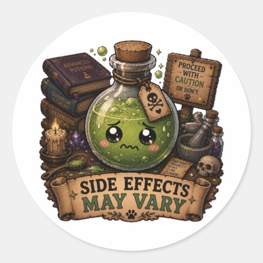 Sticker Rond Les Effets Secondaires Peuvent Varier Flacon de Po (Devant)