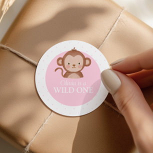 Sticker Rond Les filles de Wild One Safari Rose Singe Anniversa