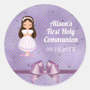 Sticker Rond Les Filles Première Sainte Communion Purple Bow
