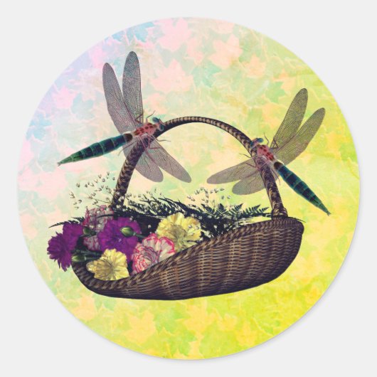 Sticker Rond Les libellules sur le panier de fleurs Nature (Devant)