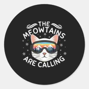 Sticker Rond Les monts miaulent Funny Cat Ski rétro soleil