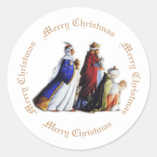 Sticker Rond Les Trois Magi Portant cadeaux et voeux de Noël