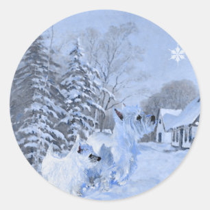Sticker Rond Les Westies aiment l'hiver