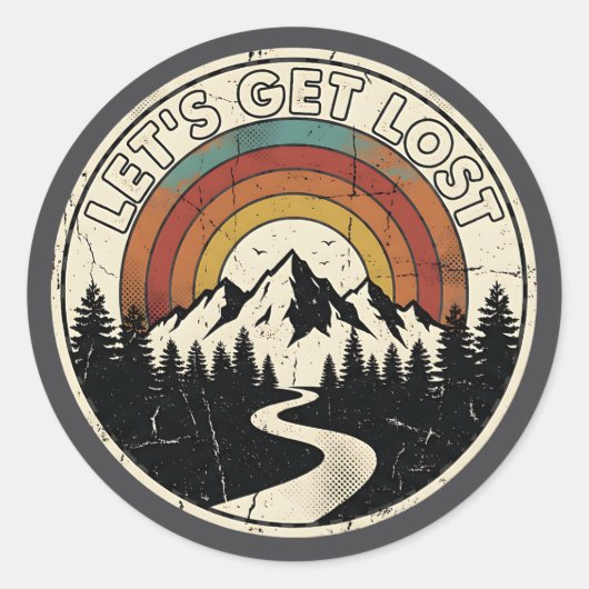 Sticker Rond Let’s Get Lost Retro Mountain Adventure Outdoor (Devant)