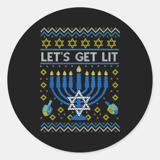 Sticker Rond Let's Get Lit Funny Jewish Holiday Chanukah Ugly H (Devant)