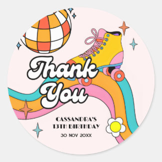 Sticker Rond Let's Roll Retro Roller Skating Girl Birthday 