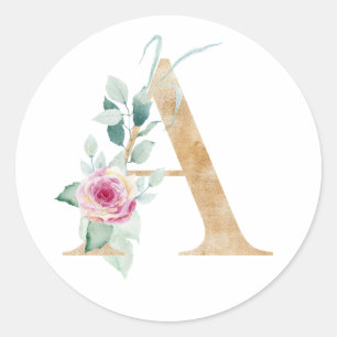 Sticker Rond Lettre A aquarelle avec des roses