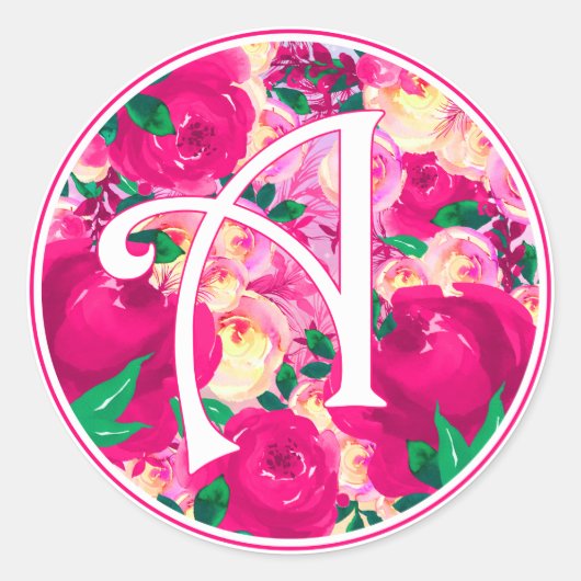 Sticker Rond Lettre A Aquarelle rose Monogramme circulaire Flor (Devant)