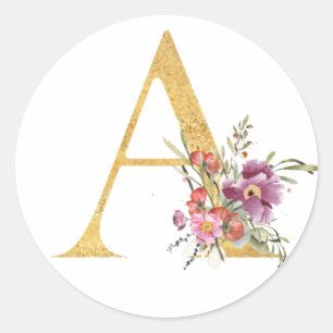 Sticker Rond Lettre A dorée avec fleurs