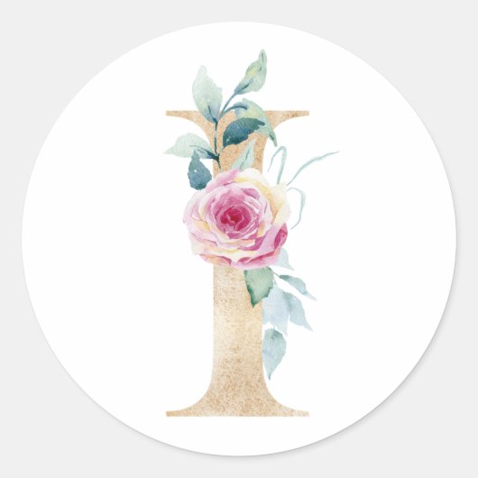Sticker Rond Lettre aquarelle I avec des roses (Devant)