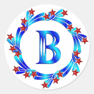 Sticker Rond Lettre Bleue B Monogramme Étoiles rouges