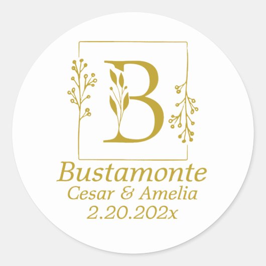 Sticker Rond LETTRE BOtanique D'Or Moderne B Mariage (Devant)