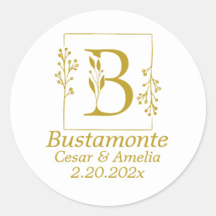 Sticker Rond LETTRE BOtanique D'Or Moderne B Mariage