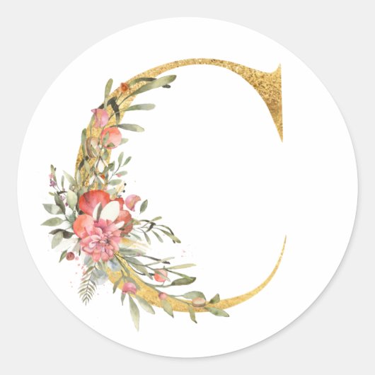 Sticker Rond Lettre C dorée avec fleurs (Devant)