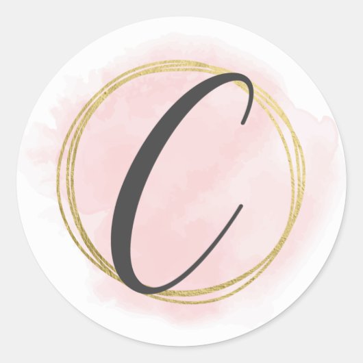 Sticker Rond Lettre C Monogramme Aquarelle rose pâle Chic or (Devant)
