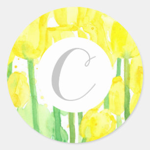Sticker Rond Lettre C Monogramme Fleurs de tulipes jaunes