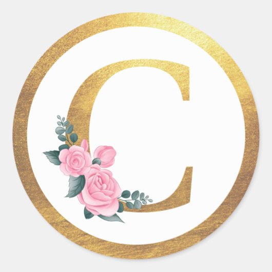 Sticker Rond Lettre C Monogramme Roses roses rose Floral & Or É (Devant)