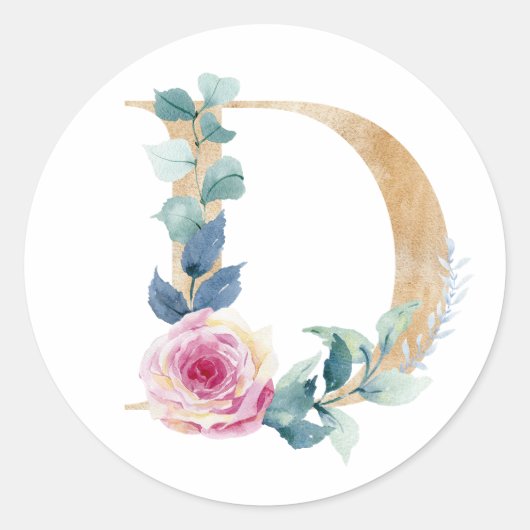 Sticker Rond Lettre D aquarelle avec rose (Devant)