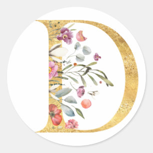 Sticker Rond Lettre D dorée avec fleurs