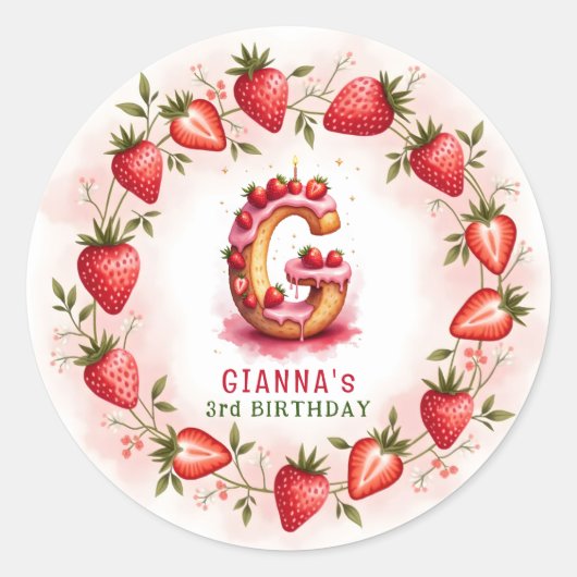 Sticker Rond LETTRE D'ANNIVERSAIRE fraise G Gâteau (Devant)