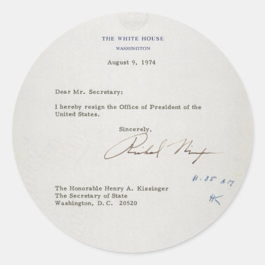 Sticker Rond Lettre de démission de Richard M. Nixon 1974 (Devant)