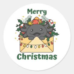 Sticker Rond Lettre de Noël Axolotl Animaux d'hiver Axolotls