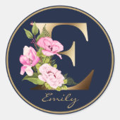 Sticker Rond Lettre d'or E Elegant Marine Floral Monogramme (Devant)