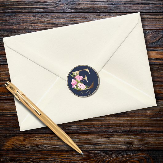 Sticker Rond Lettre d'or E Elegant Marine Floral Monogramme
