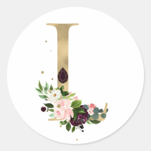 Sticker Rond Lettre d'or MONOGRAMM boho bordeaux fleurs