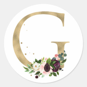 Sticker Rond Lettre d'or MONOGRAMM boho bordeaux fleurs
