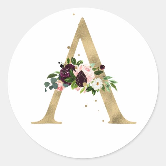 Sticker Rond Lettre d'or MONOGRAMM boho bordeaux fleurs (Devant)