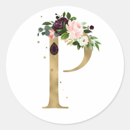 Sticker Rond Lettre d'or MONOGRAMM boho bordeaux fleurs Cla (Devant)