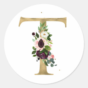 Sticker Rond Lettre d'or MONOGRAMM boho bordeaux fleurs Cla