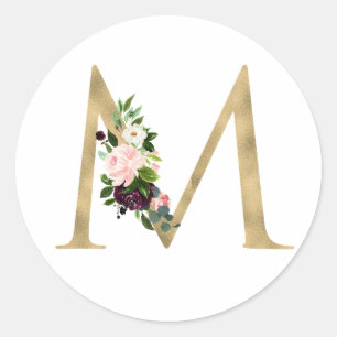 Sticker Rond Lettre d'or MONOGRAMM boho bordeaux fleurs Cla