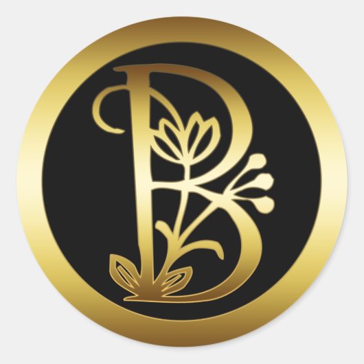 STICKER ROND LETTRE D'OR MONOGRAMME FLORALE B (Devant)
