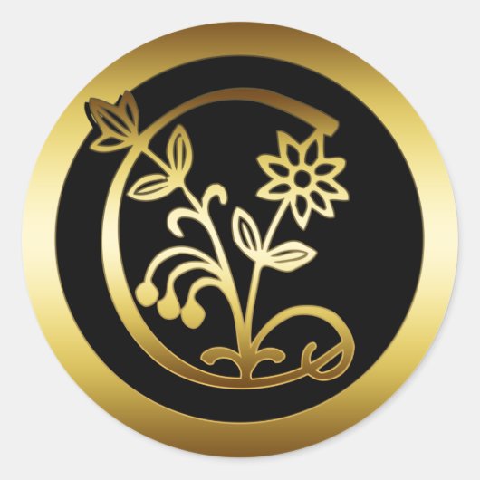 STICKER ROND LETTRE D'OR MONOGRAMME FLORALE C (Devant)